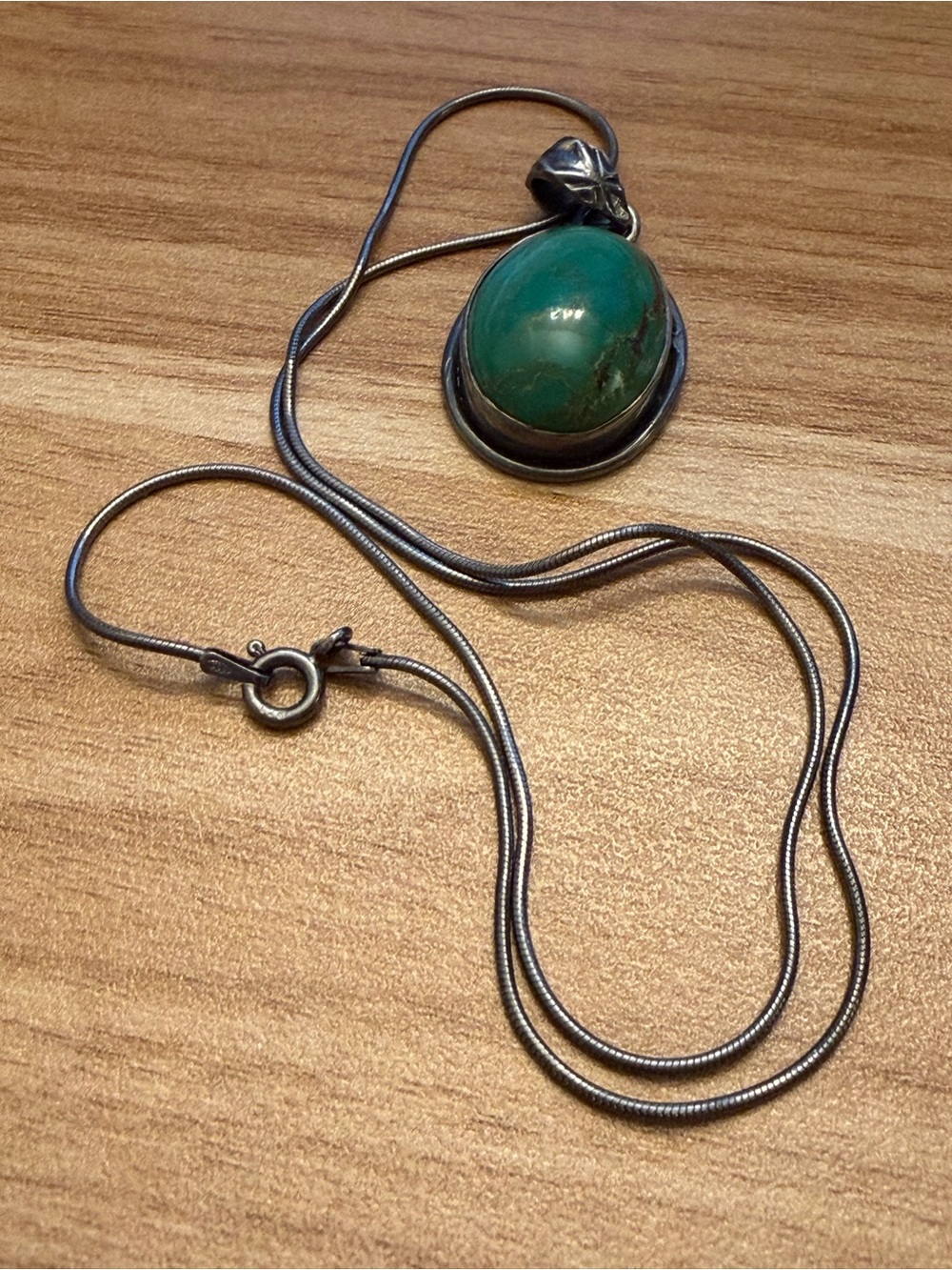 Vintage Green Cabochon Pendant Necklace on Sterling silver snake chain